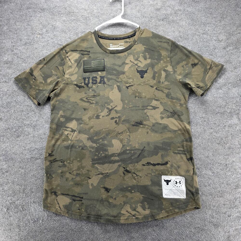 Under Armour Shirt Mens L Green Camo Short Sleeve HeatGear Blood Sweat Respect